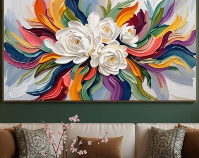 White Rose Colorful Swirl Floral Print, Bold Abstract Flower Palette Knife, Living Room Wall Decor