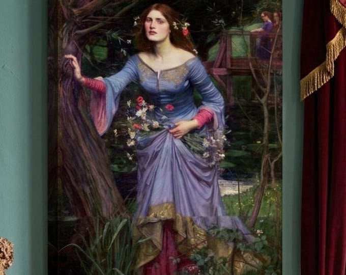 Ophelia Blue Dress Canvas Art, Preraffaelite Woman Painting, Shakespearean Portrait Print