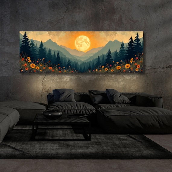 Night Moody Wild Flowers Canvas, Framed Canvas Print, Above Bed Art, Dark Floral Paintingt,Boho Minimal Panoramic Thought Provoking Wall Art