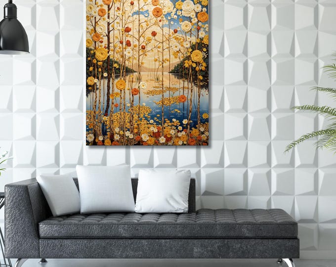 Klimt Inspired Flower Garden Canvas Wall Art, Exhibition Painting Poster