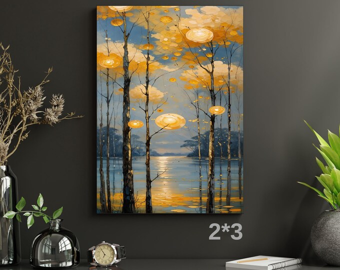 Klimt Inspired Tree Sun Nature Canvas Print, Vertical Hallway Wall Art (Digital Download)