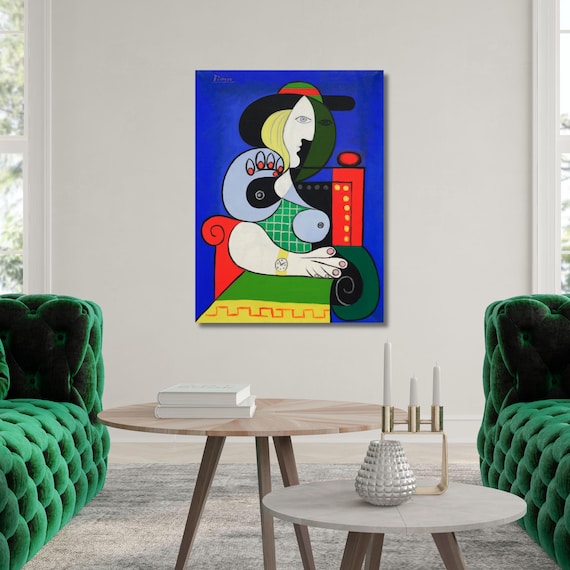 Pablo Picasso Femme au Beret Canvas, Woman in a Checked Dress Print, Colorful Picasso Portrait, Cubist Female Figure Wall Art