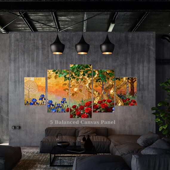 5 Piece Gold Tree of Life Canvas Set, Klimt Style Red Roses & Blue Irises Wall Art, Multi Panel Framed Luxury Decor, Large Floral Mural Gift