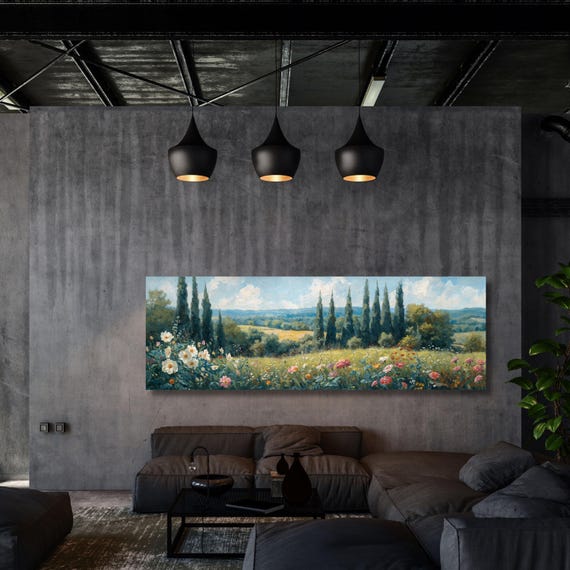 Horizontal Large Framed Canvas Art, Oversize Nature Print with Elegant Wood Frames, Modern Wall Hangings Klimt Inspired Botanical Landscape,