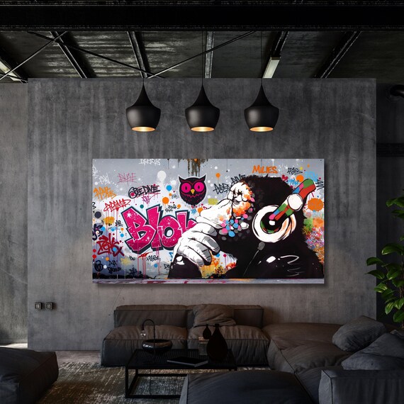 Banksy DJ Monkey Canvas Wall Art Banksy Thinking Monkey Music Thinker Graffiti Wall Art Extra Large Wall Art Gorilla Chimp Ready to Hang