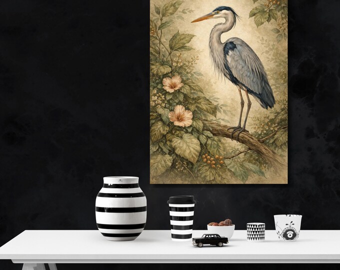 Blue Heron in Floral Garden Wall Hanging, Antique Style Bird Canvas, Sage Green and Cream Botanical Decor, Sophisticated Living Room Focal