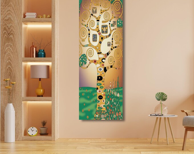 Canvas Wall Art: Narrow Vertical Nature Print - Trees and Mountains