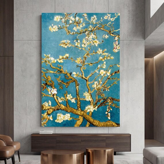 Vincent Van Gogh Almond Blossoms Style Canvas, Vertical Floral Wall Art, Reimagined Modern Blossom Print,Gold and Blue Flower Art