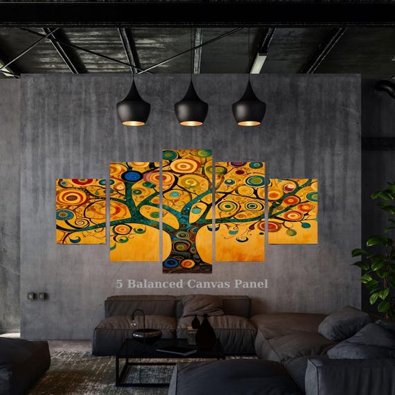 5 Piece Tree of Life Canvas Wall Art, Klimt Style Abstract Golden Tree, Multi Panel Framed Ready to Hang Decor, Luxury Housewarming Gift