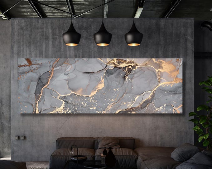 Abstract Marble Canvas Wall Art, Black and Gold Panoramic (Minimalist)