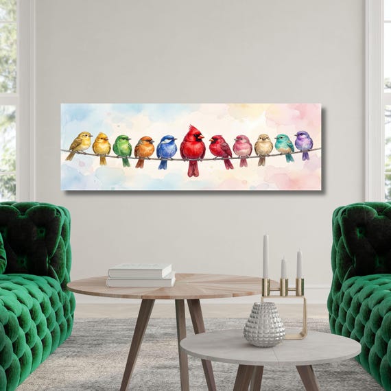 Modern Living Room Wall Art, Brown Framed Bird Print, Vibrant Watercolor Animals, Extra Wide Bedroom Decor, Colorful Nursery Wall Print art