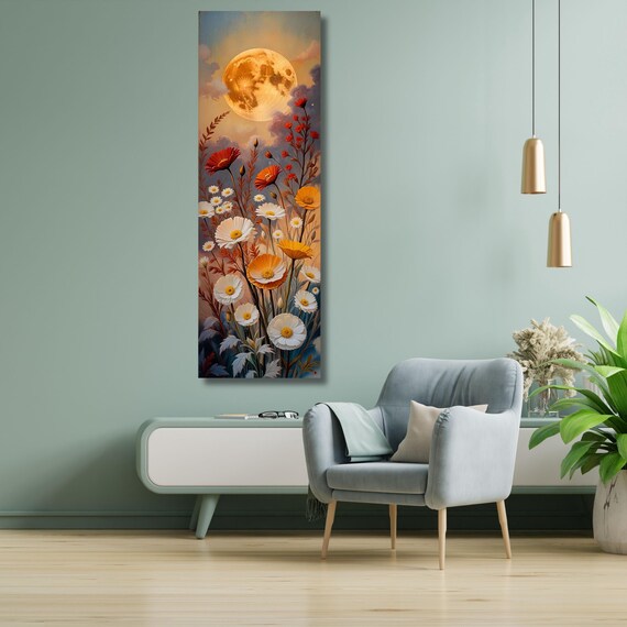Moonlit Wildflower Canvas Print: Klimt Inspired Rustic Mountain Art