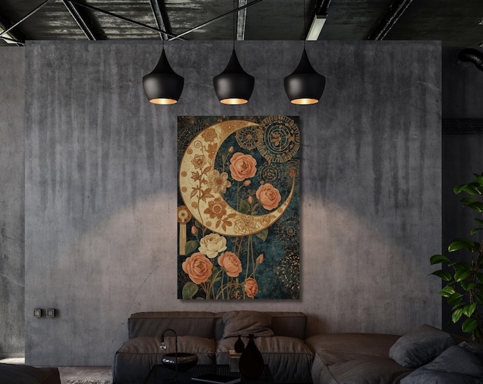 Floral Crescent Moon Print: Cottagecore Botanical Art (Canvas, Dark Background)