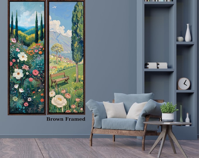 Set of 2 Long Narrow Klimt Inspired Botanical Landscape, Horizontal Large Framed Canvas Art, Oversize Nature Print with Elegant Wood Frames,