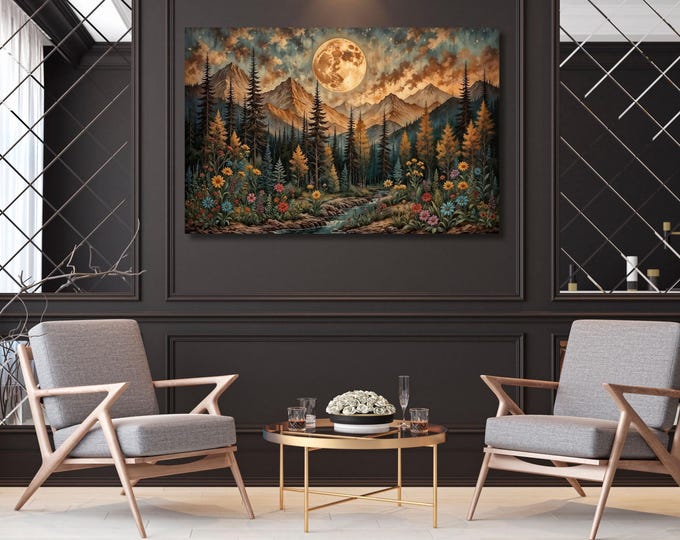 Full Moon Wildflower Forest Canvas, Mountain Landscape Wall Art, Klimt Inspired Woodland Print