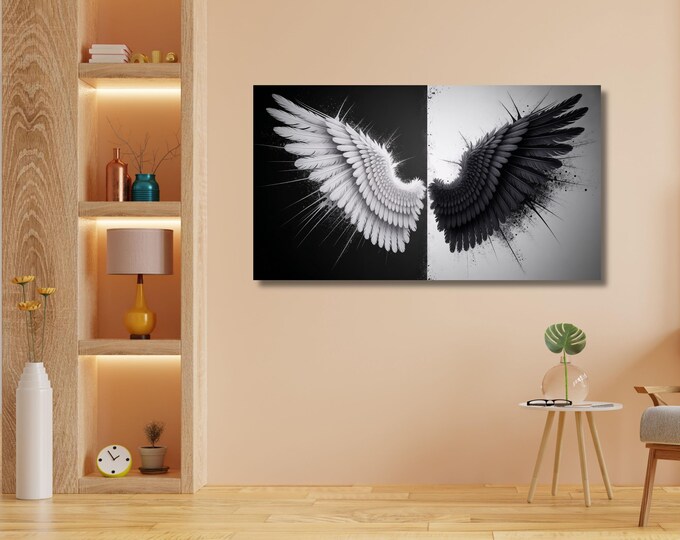 Black White Angel Wings Canvas Art, Minimalist Poster Print, Monochrome Wall Decor