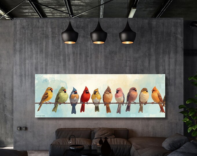Unique Gift for Bird Lovers, Rainbow Watercolor Bird Illustration, Large Panoramic Nature Canvas, Cheerful Office Decor, Songbird Art Print
