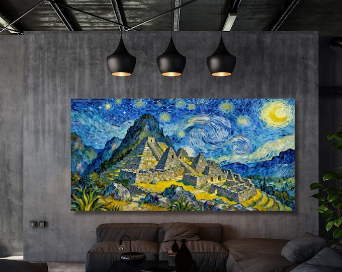 Machu Picchu Canvas Print - Swirling Night Sky Inspired by Van Gogh
