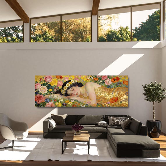 Klimt style Sleeping Woman in a wildflowers Narrow Canvas Print, Tall Vertical Wall Art