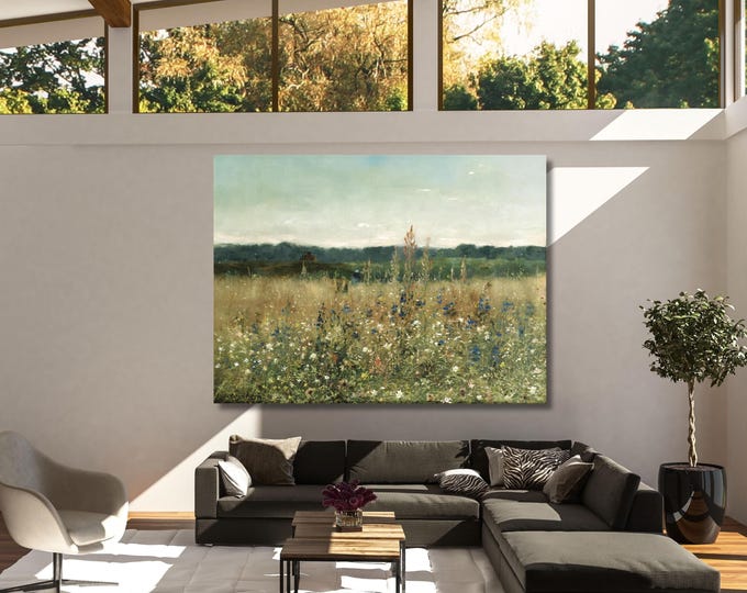 Vintage Wildflower Field Oil Painting Canvas Wall Art – Botanical Landscape Print