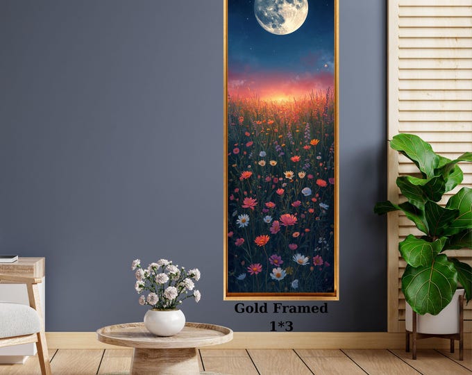 Long Narrow Canvas Wall Art Vertical Nature Print Tall Modern Moonlit Wildflower Field Wall Decor for Hallway,Entryway Small Space Print