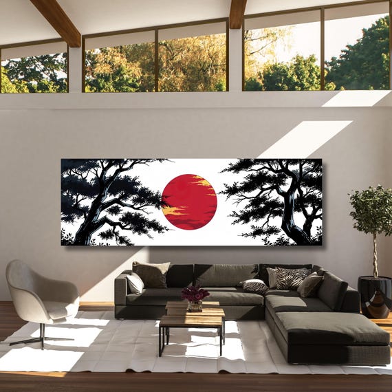 Panoramic Japanese Maple Tree Sunset Canvas Art: Vintage Rothko Inspired Print