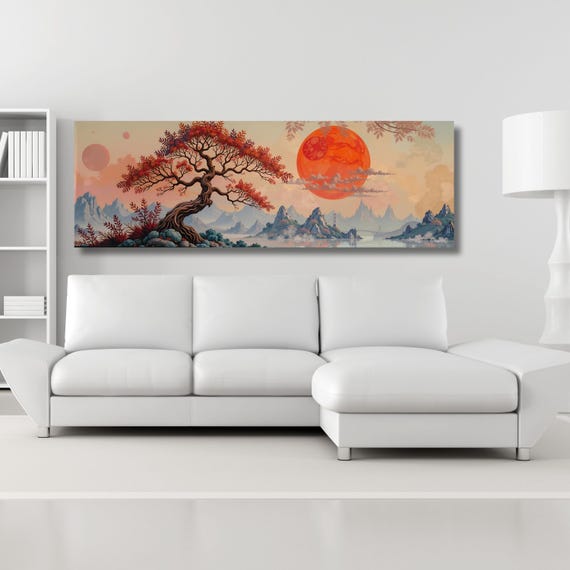Panoramic Japanese Maple Tree Sunset Canvas Art: Vintage Rothko Inspired Print