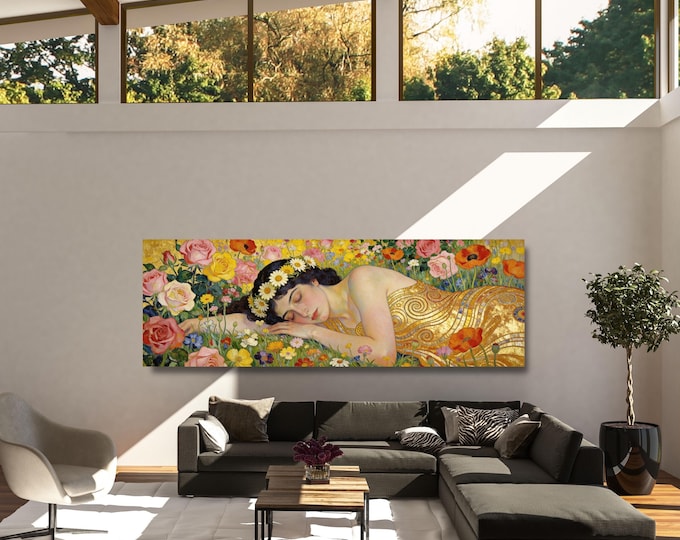 Klimt style Sleeping Woman in a wildflowers Narrow Canvas Print, Tall Vertical Wall Art
