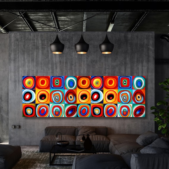 Panoramic Wassily Kandinsky Inspired Canvas Wall Art,Abstract Colorful Circles Painting,Bauhaus Style Decor,Mid Century Modern Geometric Art