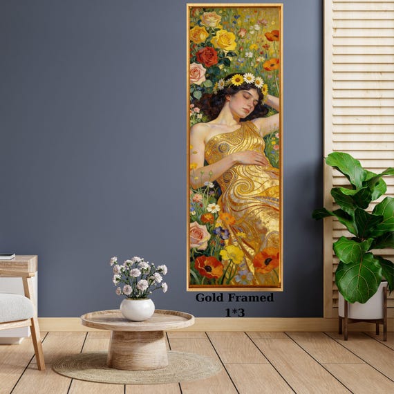 Klimt style Sleeping Woman in a wildflowers Narrow Canvas Print, Tall Vertical Wall Art