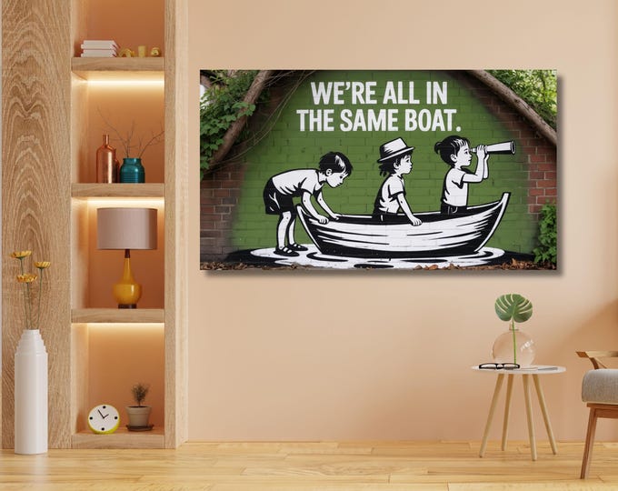 Street Art Banksy We're All In The Same Boat Banksy Canvas Art Print, Banksy Girl and Blue Bird Quote Office Wall Art,Banksy Canvas Gift