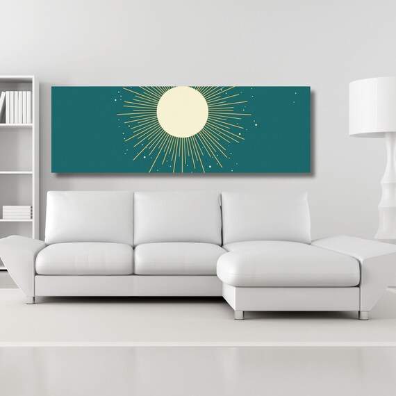 Panoramic Sunset over the Emerald Green Canvas Wall Art,Boho Wall Art Minimal Horizontal Wall Art Vintage Sunset Painting Sunset Print gift