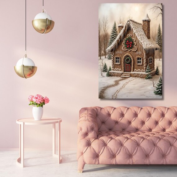 Christmas Time Farmhouse Canvas Art Vintage Wall Art, Gingerbread Farmhouse Vintage Canvas Poster Exhibition Wall Art, Christmas gift canvas