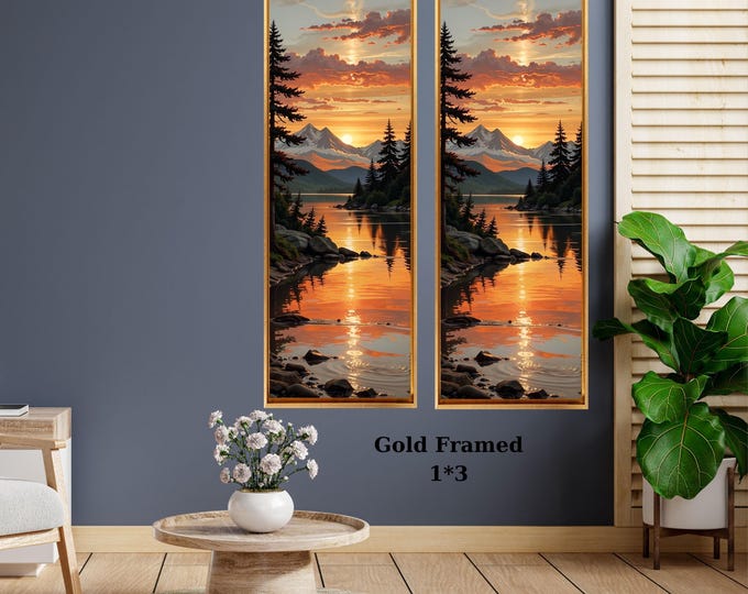 Tall Narrow Forest Sunset Canvas Wall Art, Vertical Nature Print Set