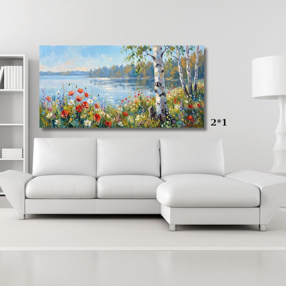 Panoramic Lake Landscape Canvas Art, Birch Tree and Red Poppies Wall Decor,Impressionist Nature Painting, Large Horizontal Living Room Decor