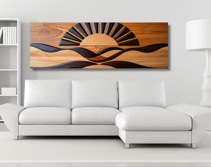 Sunrise Wood Look Canvas Wall Art Rustic Above Bed Decor Sunlight Print for Bedroom or Office – Natural Gift Idea for Home Lovers Print gift