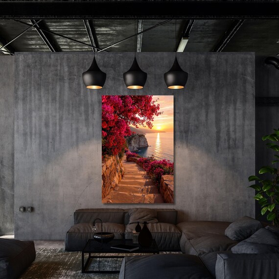 Matisse Style Sunrise by the Sea Canvas Wall Art, Coastal Stairway with Red Flowers, Mediterranean Landscape Print for Home Decor wall art