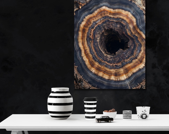 Abstract Tree Ring Canvas Print, Dark Blue Brown Organic Modern Art