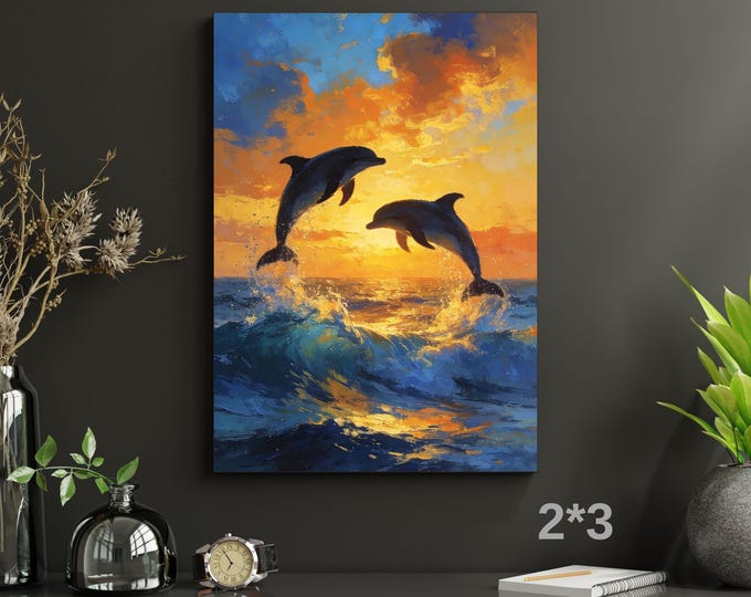 Jumping Dolphins Sunset Canvas Art, Abstract Ocean Waves Wall Decor, Framed Ready to Hang Sea Landscape, Vibrant Coastal Living Room Poster
