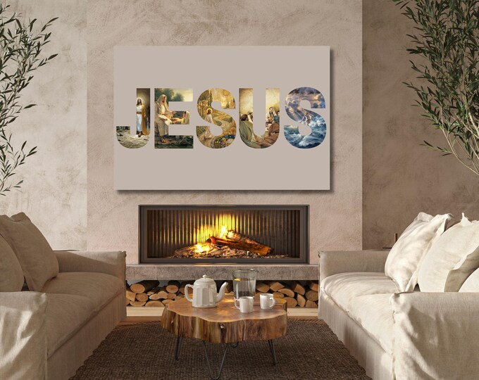 Jesus Name Collage Canvas Art, Gospel Scenes, Modern Faith Wall Art