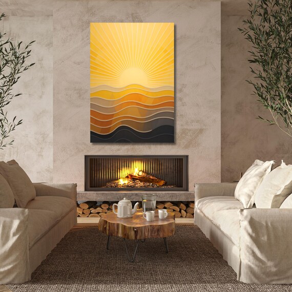 Boho Sunset Canvas Art: Retro Sun & Sea Print