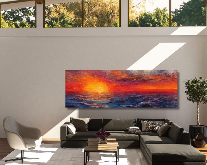 Panoramic Sunset Ocean wave Canvas Wall Art,Framed Canvas Japanese Style Mid Century Exhibition Long Narrow Print,Large Modern Living Room