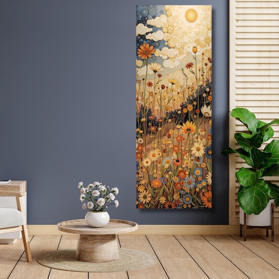 Klimt-Inspired Wildflower Canvas Art: Moonlit Mountain Print