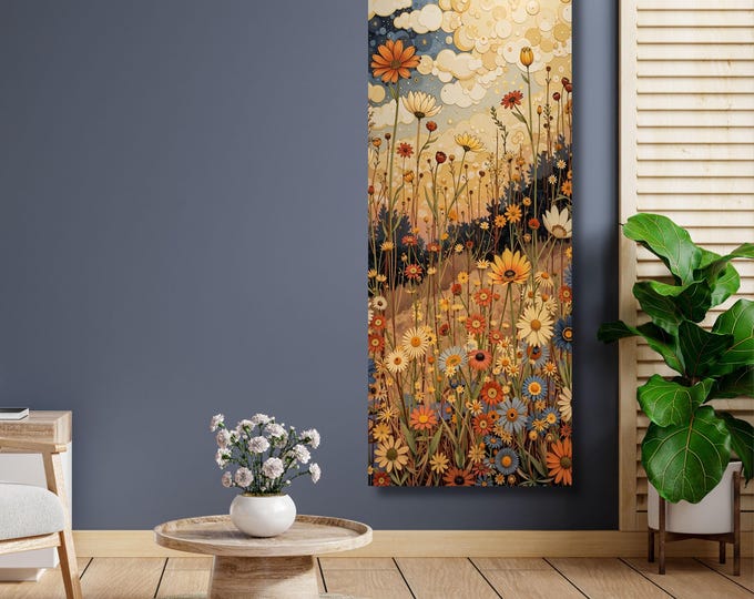 Klimt-Inspired Wildflower Canvas Art: Moonlit Mountain Print