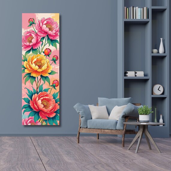 Long Narrow Panoramic Summer Peony Canvas – Elegant Floral Wall Art for Bedroom or Hallway – Soft Pink Botanical Print for Home Decor art