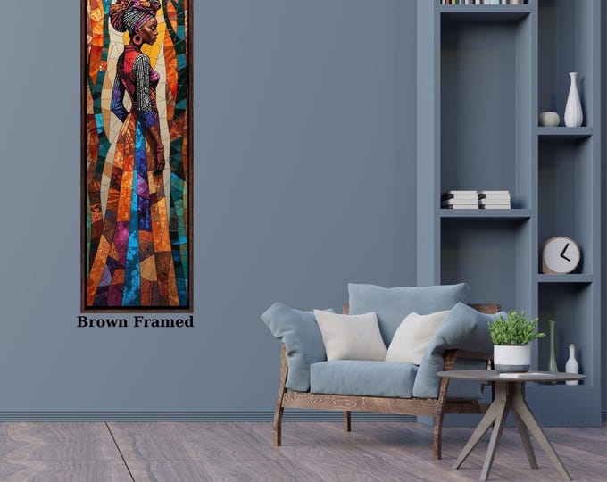 African Woman Long Narrow Canvas Wall Art, Ethnic Modern Home Decor