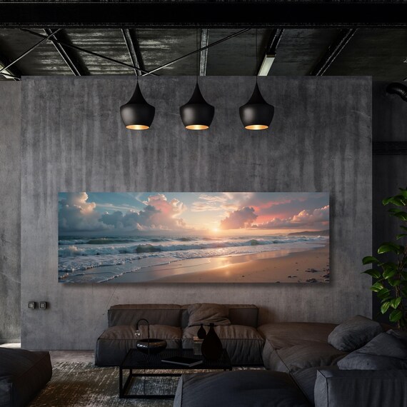 Panoramic Sunset over the Emerald Green Ocean Canvas Wall Art,Boho Wall Art Minimal Horizontal Wall Art Vintage Sunset Painting Sunset Print