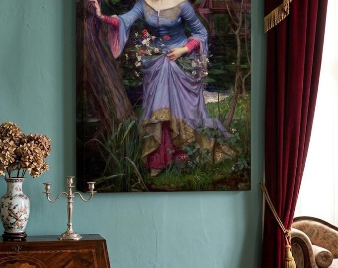 Ophelia in Blue Dress Canvas Wall Art, Preraffaelite Inspired Woman Painting, Shakespearean Character Art, Moody Female Portrait Print