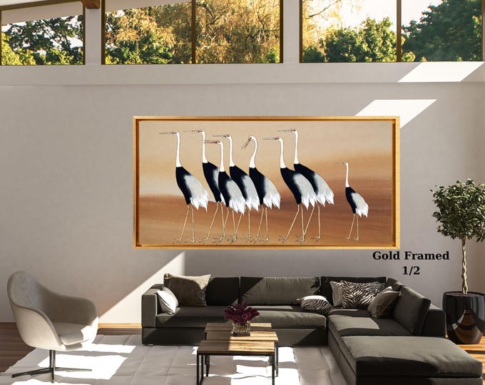 Japanese Minimalist Crane Wall Art – Mid Century Neutral Boho Bird Canvas Print