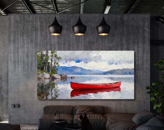 Lone Wooden Red Canoe Floating In Lake Canvas Wall Art Art, Oversize Nature Print with Elegant Modern Wall Hangings Klimt Landscape poster